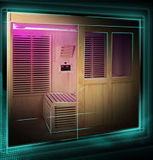 Wooden sauna interior with purple ambient lighting and slatted wooden panels.